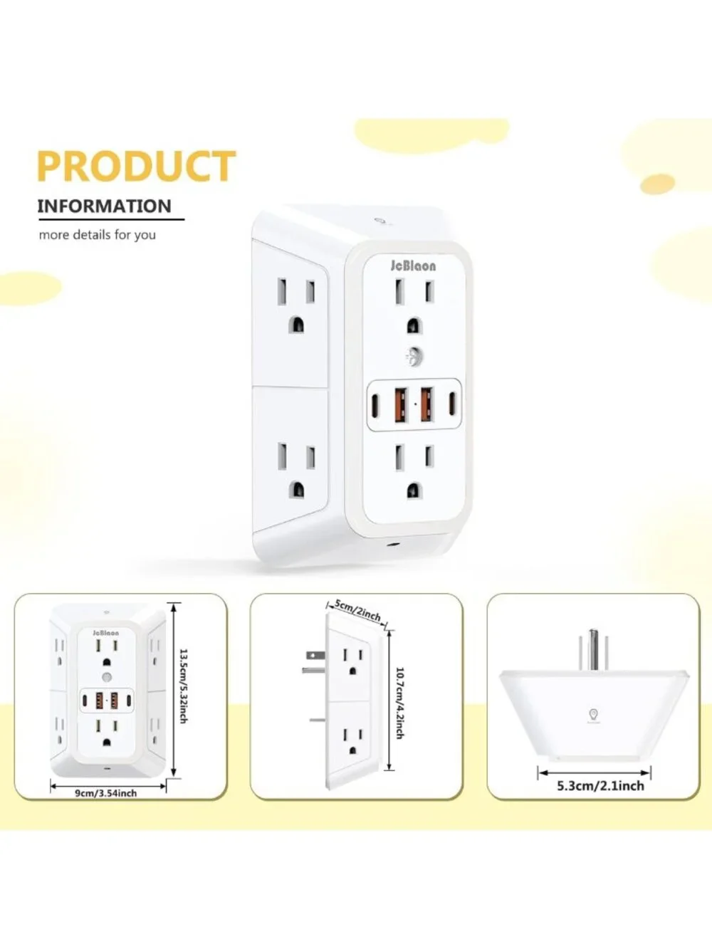 6-Outlet Power Plug Adapter with 4 USB Ports & Night Light - Travel & Home Use